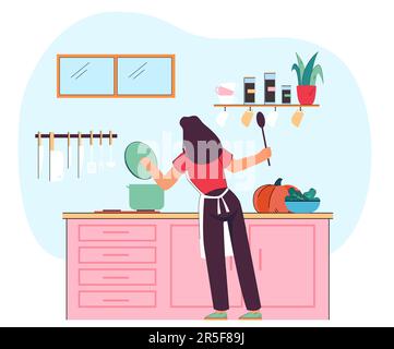 Femme debout près d'une cuisinière dans la cuisine tenant une cuillère Illustration de Vecteur