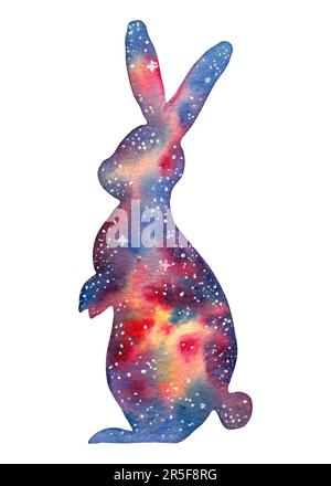 Space Hare.Galactic animal parfait pour la décoration de chambre d'enfants, cartes de tarot, méditation. Calendrier en étoile.Illustration aquarelle dessinée à la main. Banque D'Images