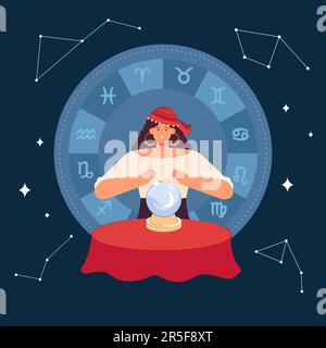 Fortune seer prédire le destin avec l'astrologie et boule de cristal Illustration de Vecteur