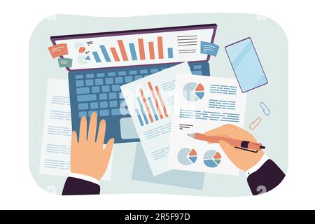 Vérification de la recherche de documents d'affaires par un analyste comptable Illustration de Vecteur