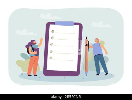 Caricatures des écolières debout à côté d'une énorme liste de contrôle Illustration de Vecteur