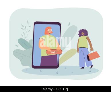 Assistant de boutique en ligne montrant la bannière de vente à la cliente féminine Illustration de Vecteur