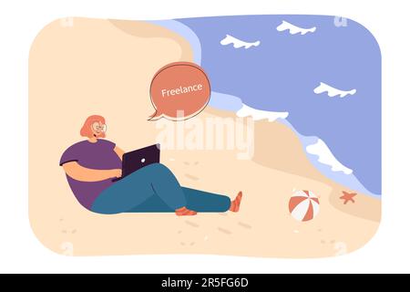Jeune femme avec un ordinateur portable allongé sur la plage et travaillant Illustration de Vecteur
