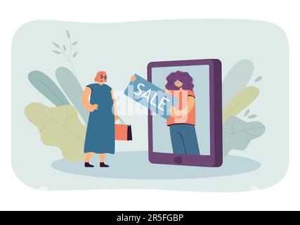 Assistant de boutique sur l'écran énorme de téléphone montrant la bannière de vente à la femme Illustration de Vecteur