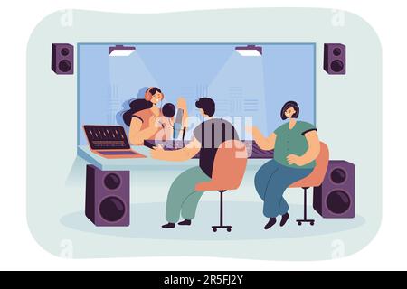 Ingénieur du son assis sur une chaise au bureau avec console de mixage Illustration de Vecteur
