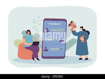 Immense téléphone et utilisateur féminin avec ordinateur portable pour vérifier les avis en ligne Illustration de Vecteur