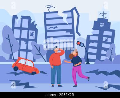 Les maisons et les bâtiments endommagés s'effondrent dans la ville après le tremblement de terre Illustration de Vecteur