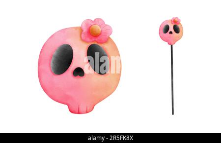 Ensemble d'aquarelle crâne mignon et crâne avec fleur rose bâton de marche illustration isolée sur fond blanc.Happy halloween éléments décorations. Banque D'Images