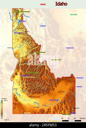 La carte physique de l'Idaho montre la topographie comme les montagnes, les collines, les plaines, les ponts, les rivières, lacs Banque D'Images