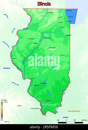 La carte physique de l'Illinois montre des caractéristiques de forme terrestre telles que les montagnes, les collines, les plaines, les ponts, les rivières, lacs Banque D'Images