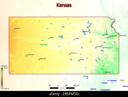 La carte physique du Kansas montre les caractéristiques de forme terrestre telles que les montagnes, les collines, les plaines, les ponts, les rivières, lacs Banque D'Images