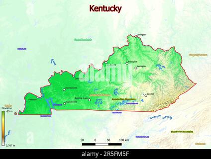 La carte physique du Kentucky montre les caractéristiques de forme terrestre telles que les montagnes, les collines, les plaines, les ponts, les rivières, lacs Banque D'Images