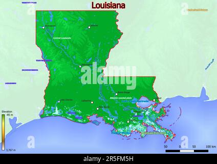 La carte physique de Loisiana montre les caractéristiques de forme terrestre telles que les montagnes, les collines, les plaines, les ponts, les rivières, lacs Banque D'Images