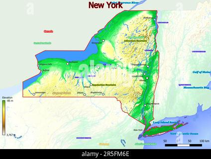 Carte physique de New York avec montagnes, plaines, ponts, rivières, lacs, montagnes, villes Banque D'Images