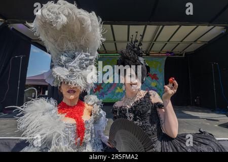 Cambridge, Royaume-Uni. 3 juin 2023. Deux interprètes en costumes élaborés sur scène à Strawberry Fair, Cambridge. L'un porte un casque à plumes argentées et des perles rouges ; l'autre porte une robe noire de style victorien avec éventail et accessoire de fruits. Une murale vibrante forme la toile de fond. La Foire aux fraises de 2023. Penelope Barritt/Alamy Live News Banque D'Images