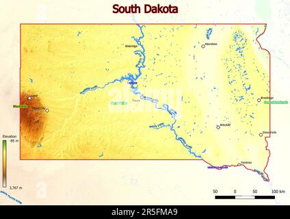 Carte physique du Dakota du Sud avec montagnes, plaines, ponts, rivières, lacs, montagnes, villes Banque D'Images