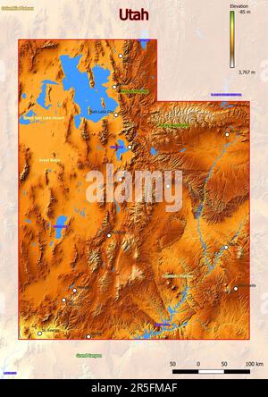 La carte physique de l'Utah montre les caractéristiques de forme terrestre telles que les montagnes, les collines, les plaines, les ponts, les rivières, lacs Banque D'Images