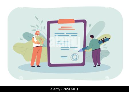 Homme de dessin animé signant le document de prêt avec un gros stylo Illustration de Vecteur