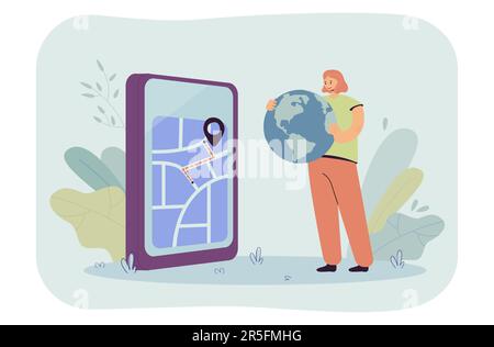 Petite fille tenant un globe devant un smartphone avec une carte Illustration de Vecteur