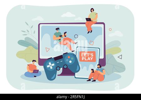 De petits joueurs jouant dans des jeux vidéo multijoueur en ligne Illustration de Vecteur