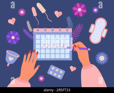 Mains de la femme suivi période dans le calendrier menstruel Illustration de Vecteur