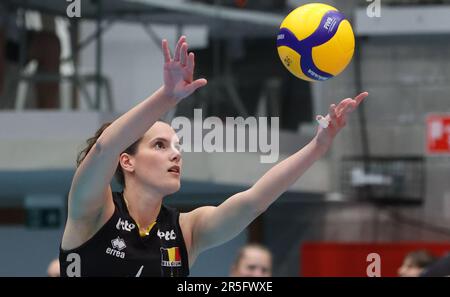 Nathalie Lemmens, de Belgique, photographiée en action lors d'un match de volley-ball entre l'équipe nationale belge de volleyball féminin, les Tigres jaunes, et l'équipe nationale suédoise de volleyball masculin, se disputent 3 (sur 6) dans le Pool a de la Ligue des femmes de la Ligue d'or européenne, à Beveren, le samedi 03 juin 2023. BELGA PHOTO VIRGINIE LEFOUR Banque D'Images