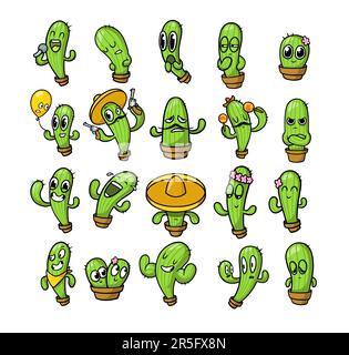 Jeu d'autocollants de personnages de dessin animé de cactus verts amusants Illustration de Vecteur