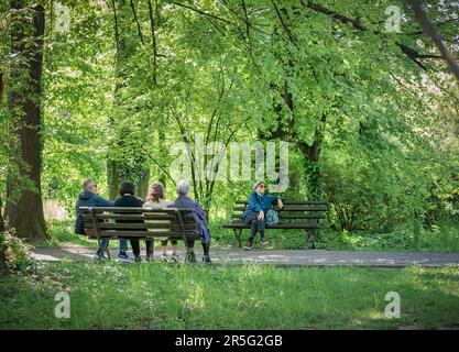 Bucarest, Roumanie - Mai 2023: Groupe de personnes âgées assis sur des bancs dans le parc et socialisant. Banque D'Images