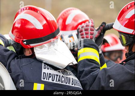 Pompiers utilisant des outils hydrauliques pendant une formation d'opération de sauvetage. Sauvetage du passager en voiture après un accident. Photographie de haute qualité. Banque D'Images