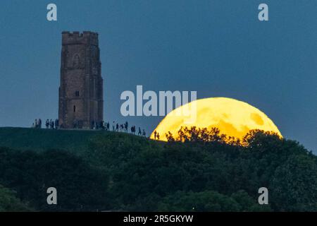 Glastonbury, Somerset, Royaume-Uni. 3rd juin 2023. Météo Royaume-Uni. La pleine lune de la baie de Strawberry remonte derrière la tour St Michael's sur Glastonbury Tor dans le Somerset tandis qu'une foule de personnes se rassemblent sur la colline pour observer. Crédit photo : Graham Hunt/Alamy Live News Banque D'Images