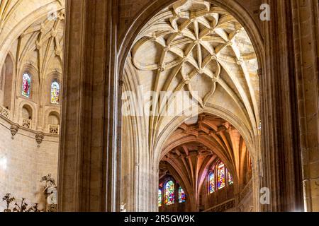 Ségovie, Espagne, 03.10.21. Cathédrale de Ségovie vue intérieure des voûtes gothiques décoratives avec des sculptures florales, vitraux, Segovia. Banque D'Images