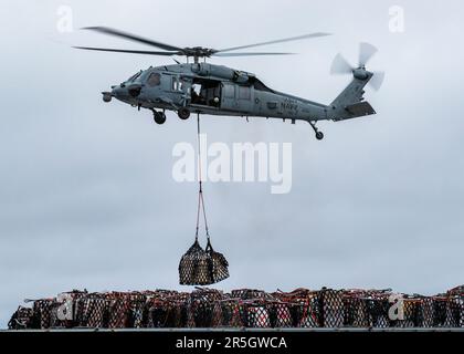 Un MH-60s Knighthawk, attaché aux 'Tridents' de l'Escadron de combat en mer (HSC) 9, reçoit des cargaisons de l'USNS Medgar Evers (T-AKE 13) lors d'un réapprovisionnement en mer avec le plus grand porte-avions USS Gerald R. Ford (CVN 78), 2 juin 2023. Le HSC 9 est déployé à bord du CVN 78 dans le cadre de l'aile aérienne Carrier (CVW) 8. Gerald R. Ford est les États-Unis Le porte-avions le plus récent et le plus avancé de Navy, qui représente un bond générationnel aux États-Unis Capacité de la Marine à projeter la puissance à l'échelle mondiale. Le groupe de grève des transporteurs Gerald R. Ford est en cours de déploiement aux États-Unis Forces navales Europe Banque D'Images