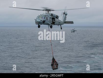 Un MH-60s Knighthawk, attaché aux « Tridents » de l'escadron de combat en mer (HSC) 9, transporte du fret lors d'un réapprovisionnement en mer avec le plus grand porte-avions au monde USS Gerald R. Ford (CVN 78), 2 juin 2023. Le HSC 9 est déployé à bord du CVN 78 dans le cadre de l'aile aérienne Carrier (CVW) 8. Gerald R. Ford est les États-Unis Le porte-avions le plus récent et le plus avancé de Navy, qui représente un bond générationnel aux États-Unis Capacité de la Marine à projeter la puissance à l'échelle mondiale. Le groupe de grève des transporteurs Gerald R. Ford est en cours de déploiement aux États-Unis Zone d'opérations des Forces navales en Europe, employée par Banque D'Images