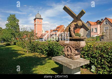 Statue de Jésus-Christ, mur de ville, Klingentor, Ochsenfurt, Bavière, Stations de la Croix, Allemagne Banque D'Images