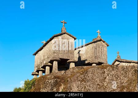 Espigueiros, Lindoso, Parc national de Peneda Geres, Minho, Portugal, greniers, magasins de céréales Banque D'Images