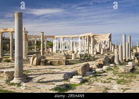 Marché de Punic, ville en ruines de Leptis Magna, Libye Banque D'Images