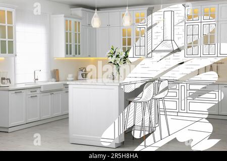 De l'idée à la réalisation. Intérieur de cuisine élégant avec mobilier blanc. Collage de photo et d'esquisse Banque D'Images