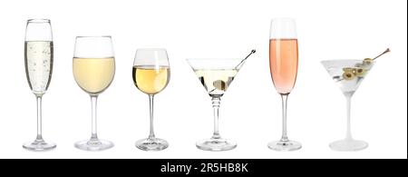 Dégustez différents vins et cocktails dans des verres sur fond blanc Banque D'Images