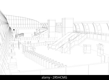 Le contour de la station à partir de lignes noires isolées sur fond blanc. Terminal de l'aéroport avec des personnes. 3D. Illustration vectorielle. Illustration de Vecteur