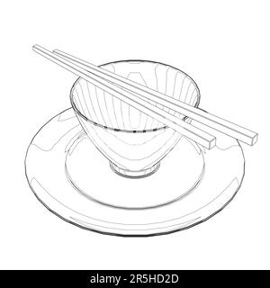 Contour d'une tasse avec des baguettes de lignes noires isolées sur un fond blanc. Plats asiatiques. Vue isométrique. 3D. Illustration vectorielle. Illustration de Vecteur