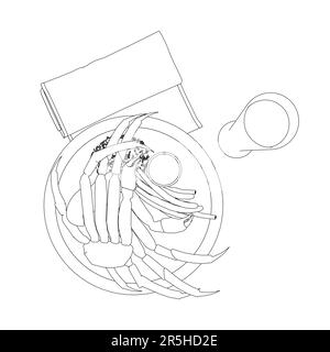 Contour d'un plat avec crabe sur une assiette, une serviette et un verre de lignes noires isolées sur un fond blanc. Vue de dessus. Illustration vectorielle. Illustration de Vecteur