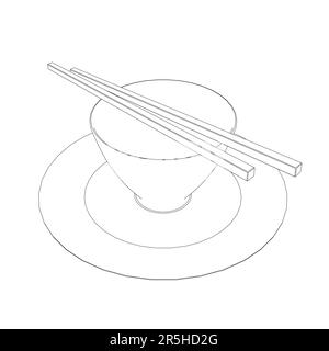 Contour d'une tasse avec des baguettes de lignes noires isolées sur un fond blanc. Plats asiatiques. Vue isométrique. 3D. Illustration vectorielle. Illustration de Vecteur