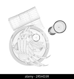 Plat filaire avec crabe sur un plateau, une serviette et un verre de lignes noires isolées sur un fond blanc. Vue de dessus. 3D. Illustration vectorielle. Illustration de Vecteur