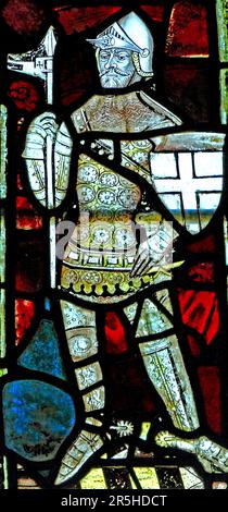 Vitraux de 14th siècles, chevalier médiéval en armure, Castle Acre, Norfolk, Angleterre, Royaume-Uni Banque D'Images