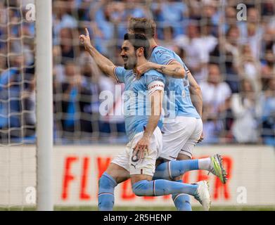 Londres, Royaume-Uni. 4th juin 2023. Ilkay Gundogan, de Manchester City, célèbre son deuxième but lors du match final de la coupe FA entre Manchester City et Manchester United à Londres, en Grande-Bretagne, le mois de juin. 3, 2023. Man City a gagné 2-1. Credit: Xinhua/Alay Live News Banque D'Images