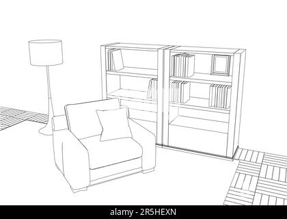 Contour intérieur avec fauteuil, étagères avec livres, lampe noire isolée sur fond blanc. Vue en perspective. 3D. Illustration vectorielle. Illustration de Vecteur