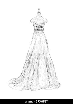 Contour d'une robe de mariage sur un mannequin à partir de lignes noires isolées sur un fond blanc. Vue avant. 3D. Illustration vectorielle. Illustration de Vecteur