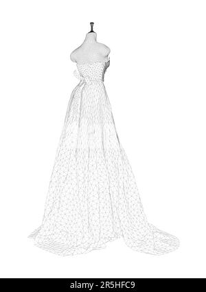 Image filaire d'une robe de mariage sur un mannequin à partir de lignes noires isolées sur un fond blanc. Vue arrière. 3D. Illustration vectorielle. Illustration de Vecteur