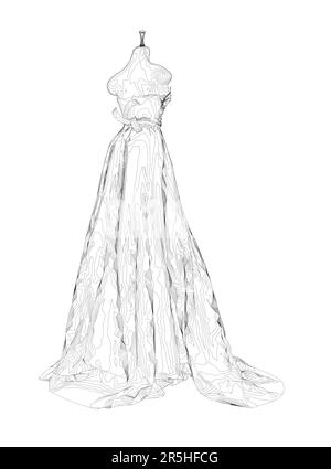 Contour d'une robe de mariage sur un mannequin à partir de lignes noires isolées sur un fond blanc. Vue arrière. 3D. Illustration vectorielle. Illustration de Vecteur