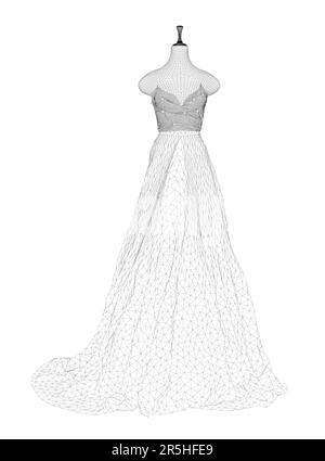 Image filaire d'une robe de mariage sur un mannequin à partir de lignes noires isolées sur un fond blanc. Vue avant. 3D. Illustration vectorielle. Illustration de Vecteur